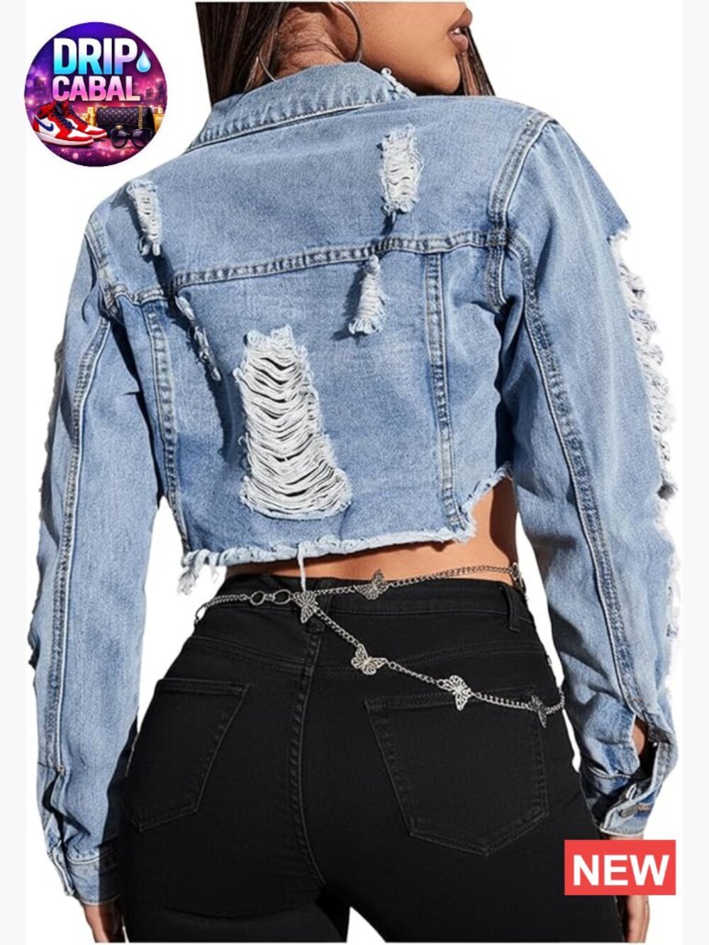 Distressed Ripped Raw Hem Cropped Denim Jacket Long Sleeve